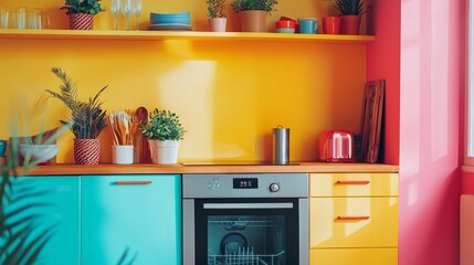 Modern Vibrant Kitchen with Colorful Decor and State-of-the-Art Dishwashing Machine Facts Display