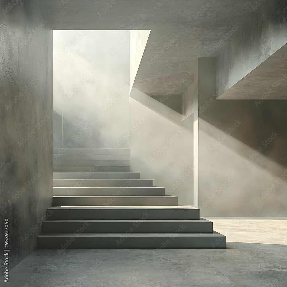Poster a serene and minimalistic interior with soft light filtering through a staircase, creating an ethere