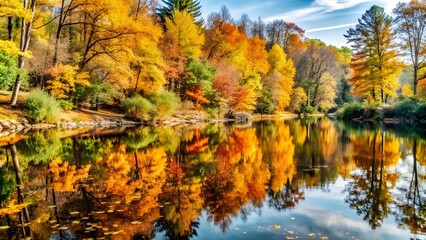 Obraz premium Vibrant Autumn Trees Reflecting on Calm Lake Surface 