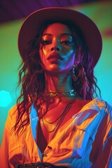 Stylish woman with hat and layered necklaces posing confidently in vibrant neon lighting with dramatic shadows and colorful background elementsFashion