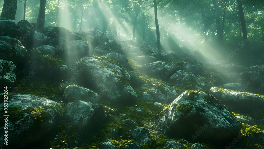 Poster a serene forest scene with rays of light illuminating moss-covered rocks, creating a tranquil and ma