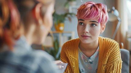 NON BINARY teenage girl at meeting with psychotherapist, therapy with physiology bullying at school, social teenagers problems.