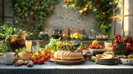 A fresh vibrant brunch table with 3D-rendered seasonal produce and artisanal bread