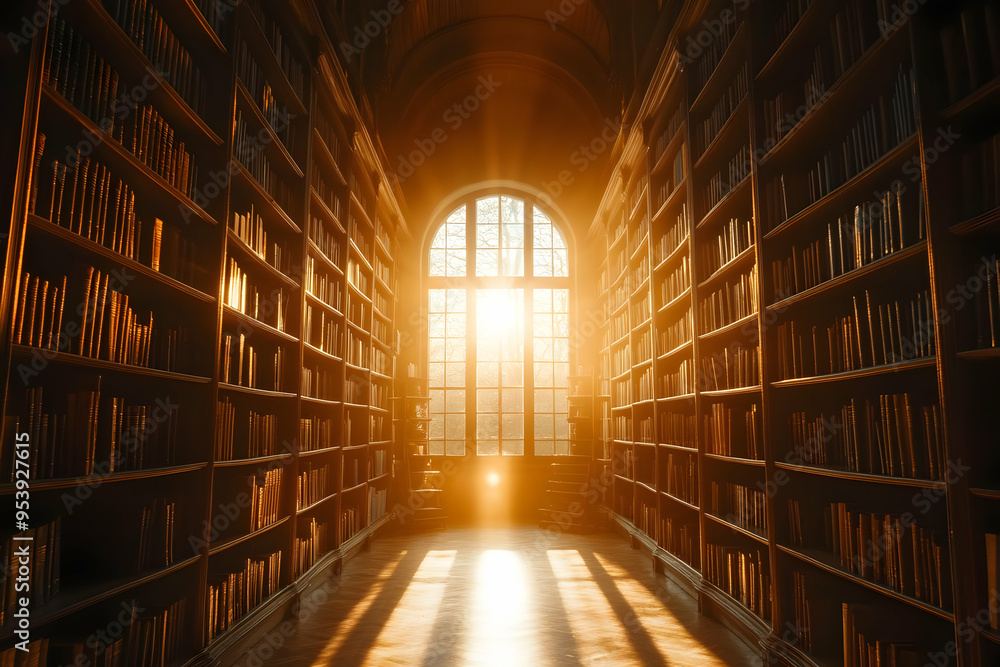 Poster a serene library interior illuminated by sunlight, creating a warm and inviting atmosphere for readi