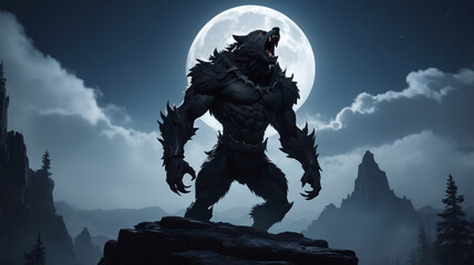 Fototapeta premium A fearsome werewolf with muscular limbs and sharp claws stands atop a jagged, rocky cliff, silhouetted against a large, glowing full moon.