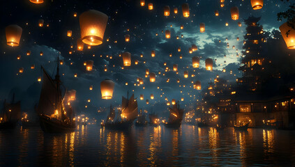 A serene night scene with illuminated lanterns floating over calm water, creating a magical atmosphere with traditional ships.