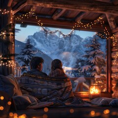 Romantic Cozy Cabin with Couple Watching Snow-Covered Mountains through a Large Window Decorated with Fairy Lights on a Winter Nightromantic