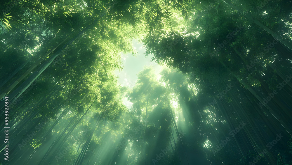 Poster a serene view of sunlight filtering through lush green bamboo trees, creating a tranquil atmosphere 