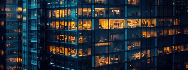 office building in the evening with some lightened workspaces against dart night sky. Modern  glazed skyscraper. Financial district. Late hours in the office