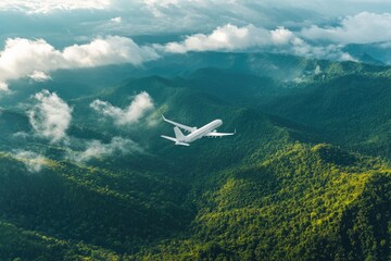 Fototapeta premium Airplane Flying Over Green Mountains and Clouds