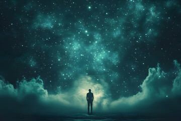 Fototapeta premium A solitary figure stands beneath a mesmerizing starry sky, evoking wonder and contemplation in the vastness of the universe.