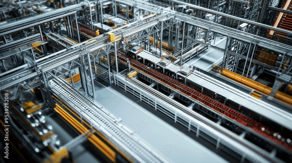 Poster overhead view of a complex industrial conveyor system