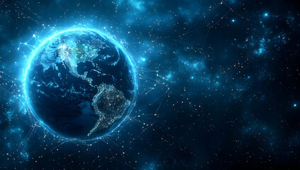 Fototapeta premium A stunning depiction of Earth surrounded by a cosmic blue glow, showcasing the beauty of our planet in a celestial environment.