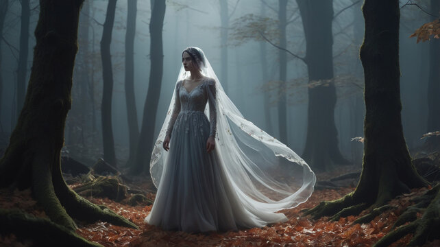 A ghost bride with a flowing, translucent veil appears in a dark, shadowy forest. Her gown and veil move with an otherworldly grace, merging with the fog and shadows that envelop the forest. 