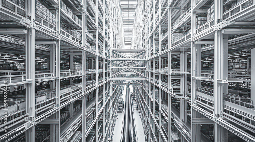 Poster a view of a complex steel structure in a warehouse or factory
