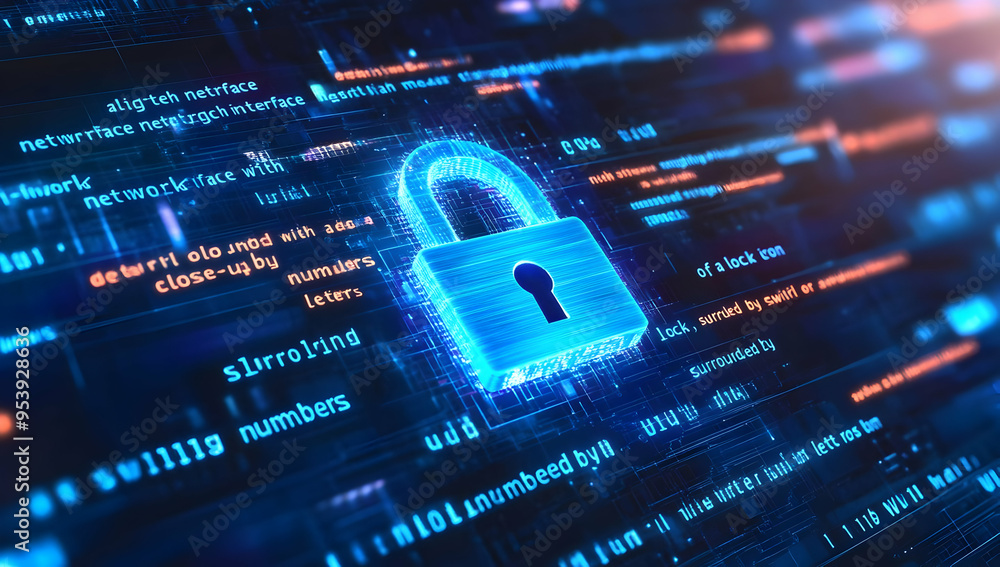 Poster a symbolic representation of digital security, featuring a glowing padlock amidst flowing data strea