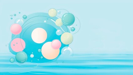 An abstract image featuring colorful bubbles floating above a serene, blue water surface