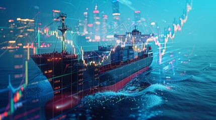 Obraz premium A large ship is sailing in the ocean with a city skyline in the background