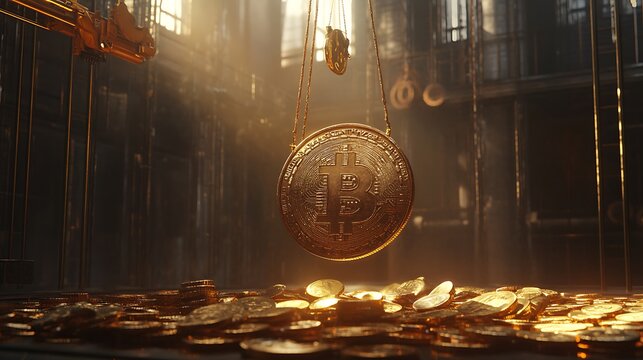 A Large Golden Bitcoin Coin Suspended Over a Pile of Coins in an Industrial Setting