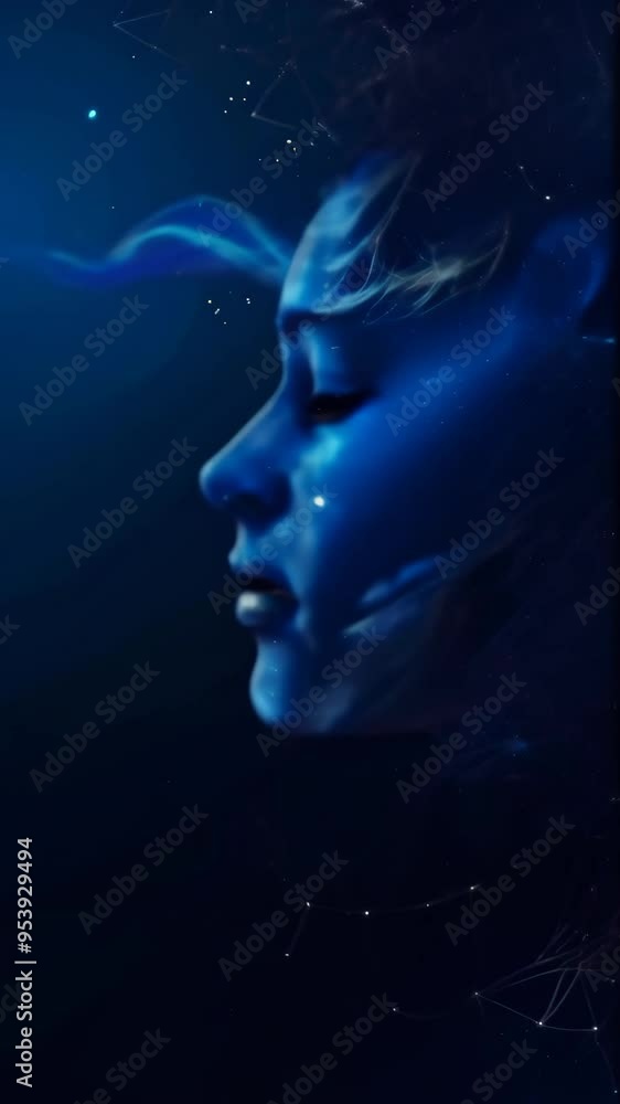 Poster Side profile of a blue abstract face with flowing data streams, representing AI and technology.