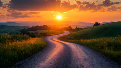 A winding road through green hills under a vibrant sunset sky, creating a tranquil and picturesque landscape.