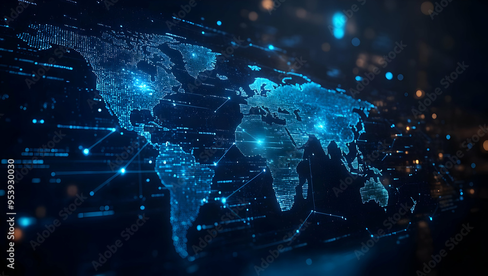 Poster abstract digital world map illuminated by blue lights and connecting lines, representing global comm