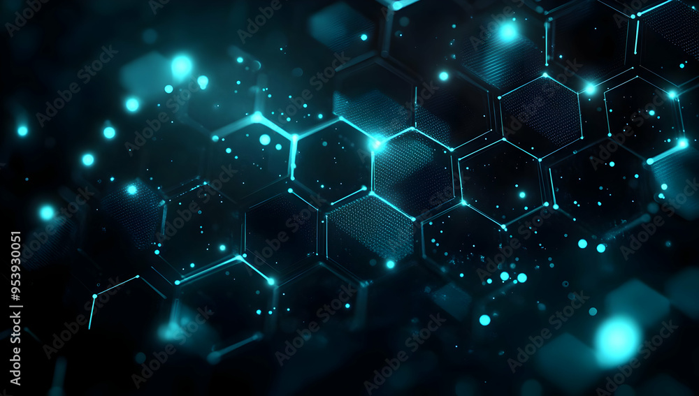 Poster abstract hexagon pattern with glowing blue light particles on a dark background, representing techno