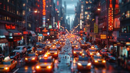Obraz premium Vibrant City Night Life with Busy Traffic on Wet Streets, Featuring Illuminated Neon Signs and Yellow Cabs in a Bustling Urban Environmentcity