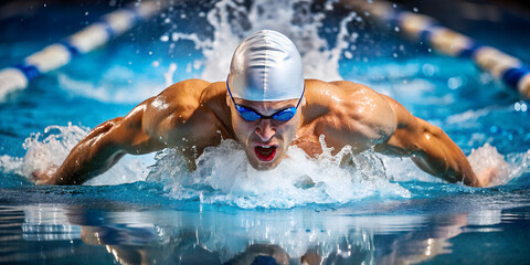 professional male swimmer, olympic level, breaststroke technique, AI generated