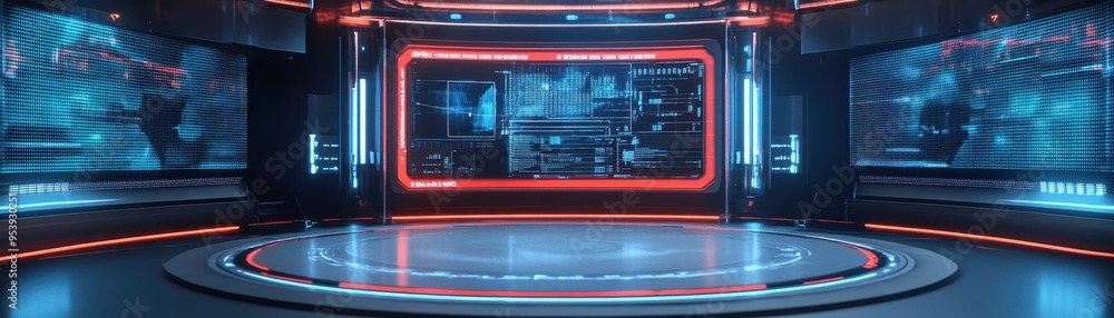 Poster futuristic high-tech room with digital interfaces and holographic displays, perfect for technology-t