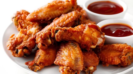Crispy chicken wings on a platter with multiple dipping sauces, offering a tasty and enjoyable food experience
