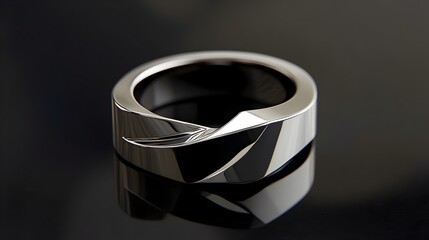 Sleek and modern platinum ring with a bold geometric design placed on a glossy black surface creating a contemporary and reflective style