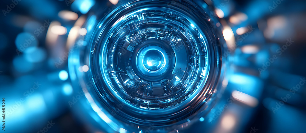 Poster an abstract close-up view of a circular design showcasing intricate details and vibrant blue lightin
