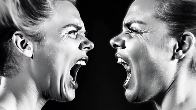 Emotional Conflict: Double Exposure of Angry Woman Screaming in Monochrome