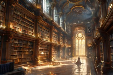Obraz premium Sumptuous Grand Library Interior with Ornate Wooden Bookshelves, Large Gothic Windows, and Warm Sunlight Illuminating the Opulent SpaceLibrary