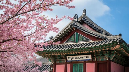 Fototapeta premium Gyeongbokgung Palace and cherry blossoms in spring. Seoul South Korea.Sign 