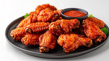A platter filled with crunchy chicken wings and a selection of dipping sauces, ready for a delightful meal
