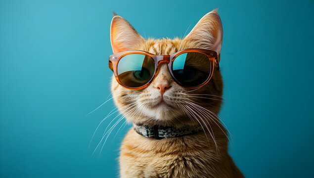 Charming orange cat wearing stylish sunglasses against a vibrant blue background, exuding coolness and personality.