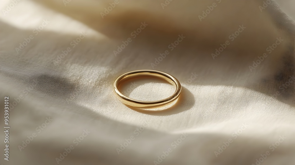 Poster minimalist gold ring with a simple band floating in a soft neutral background that emphasizes the pu