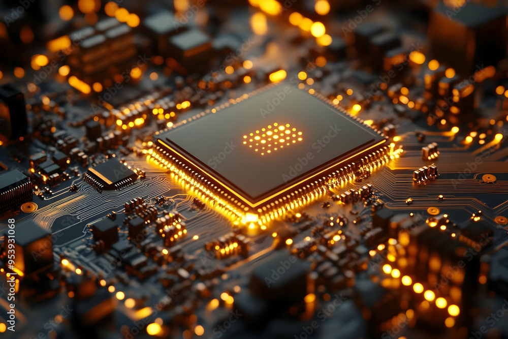 Poster close-up of a glowing microchip on a circuit board, showcasing intricate details and vibrant lights 