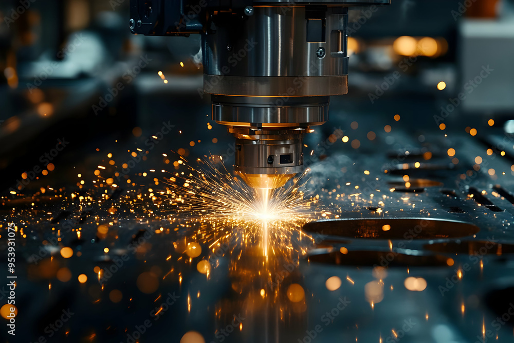 Poster close-up of a laser cutting machine creating bright sparks in an industrial setting, showcasing prec