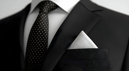 Close-up of a formal black suit with a neatly folded pocket square and a stylish polka dot tie, symbolizing professionalism.