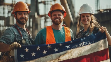 Diverse Labor Day Unity - Construction Worker, Nurse, and Teacher with USA Flag Celebrating Together