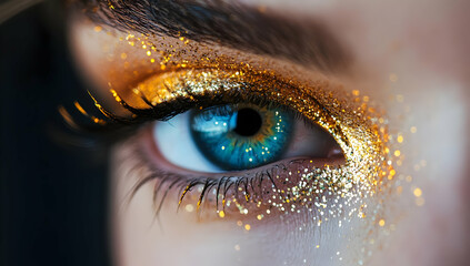 Close-up of a striking blue eye adorned with sparkling gold makeup, showcasing beauty and elegance in artistic expression.