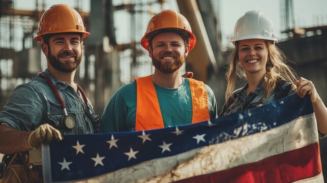 Diverse Labor Day Unity - Construction Worker, Nurse, and Teacher with USA Flag Celebrating Together