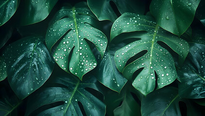 Fototapeta premium Close-up of lush green leaves adorned with fresh raindrops, showcasing nature's beauty and tranquility.
