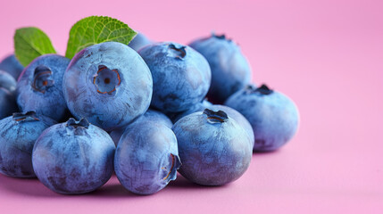 Obraz premium Fresh blueberries with green leaves in a close-up view on a pink background. Concept of healthy eating, fruit, summer, and freshness.