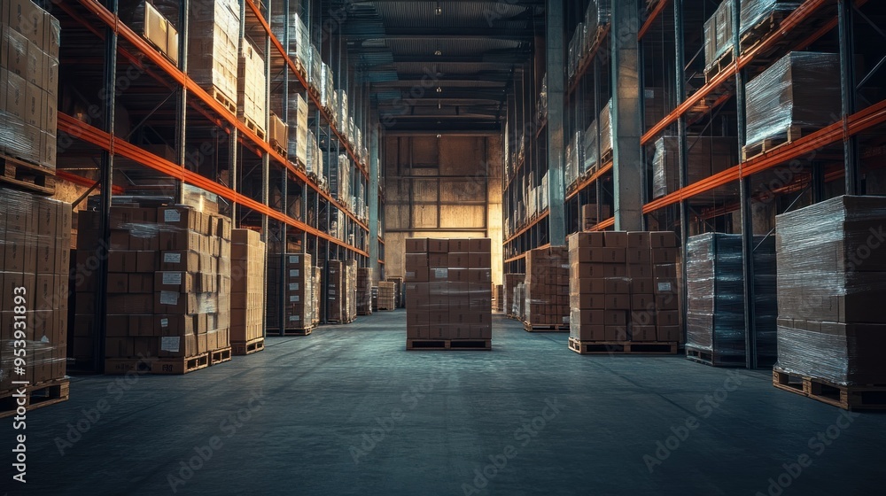 Poster a warehouse interior with rows of pallets stacked with cardboard boxes