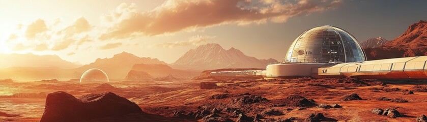 Naklejka premium Futuristic Martian colony with domes and structures under a beautiful sunset, showcasing extraterrestrial life possibilities and innovation.