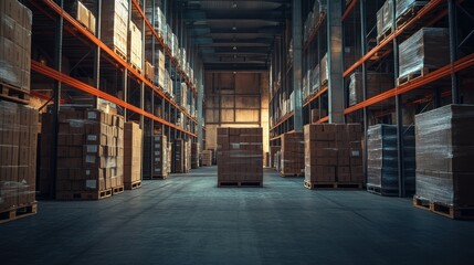 Fototapeta premium A Warehouse Interior with Rows of Pallets Stacked with Cardboard Boxes